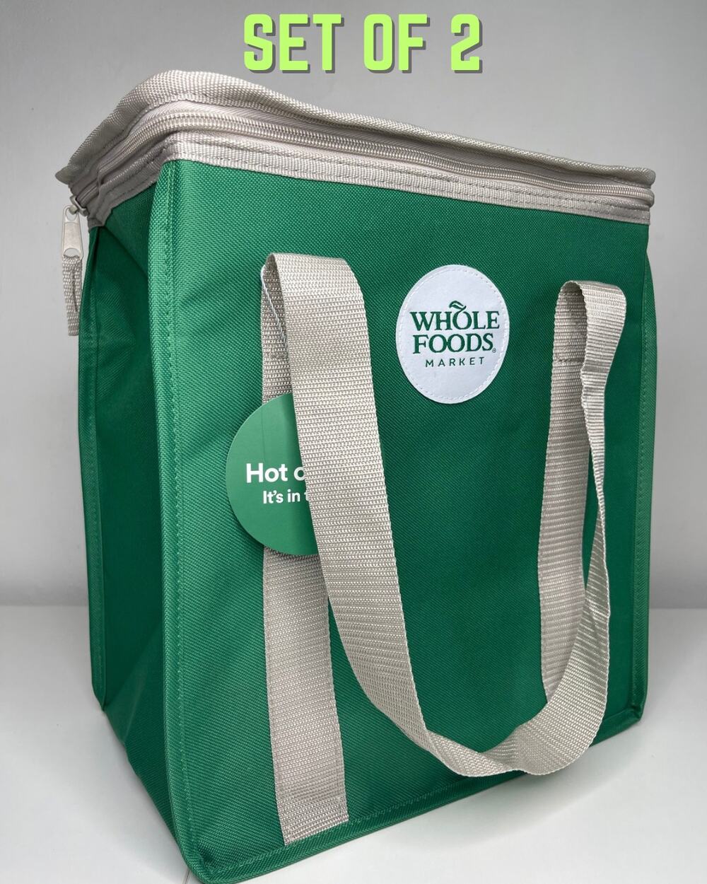 Set of 2 — Whole Foods Reusable Green Zip Top Insulated Hot Cold Cooler Tote Bag